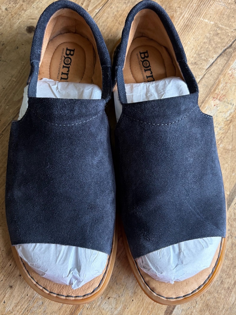 Born  Black Suede Slip-On Loafers with Tan Sole